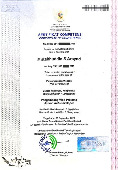 BNSP Junior Web Developer, Certificate of Competency